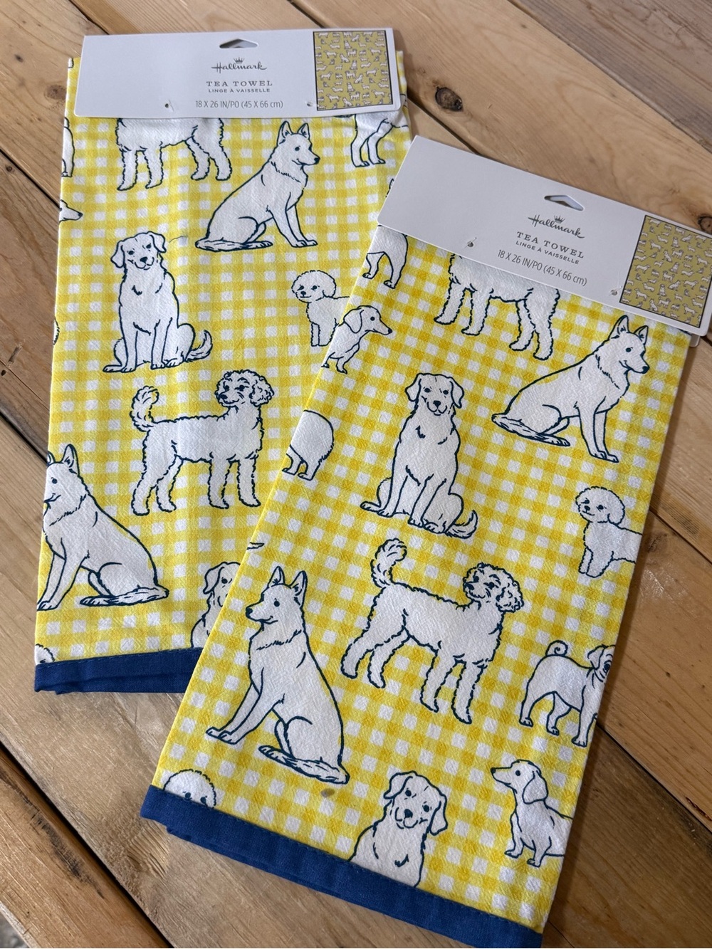 Hallmark Set of 2 Yellow Gingham Dog Print Tea Towels with Navy Trim